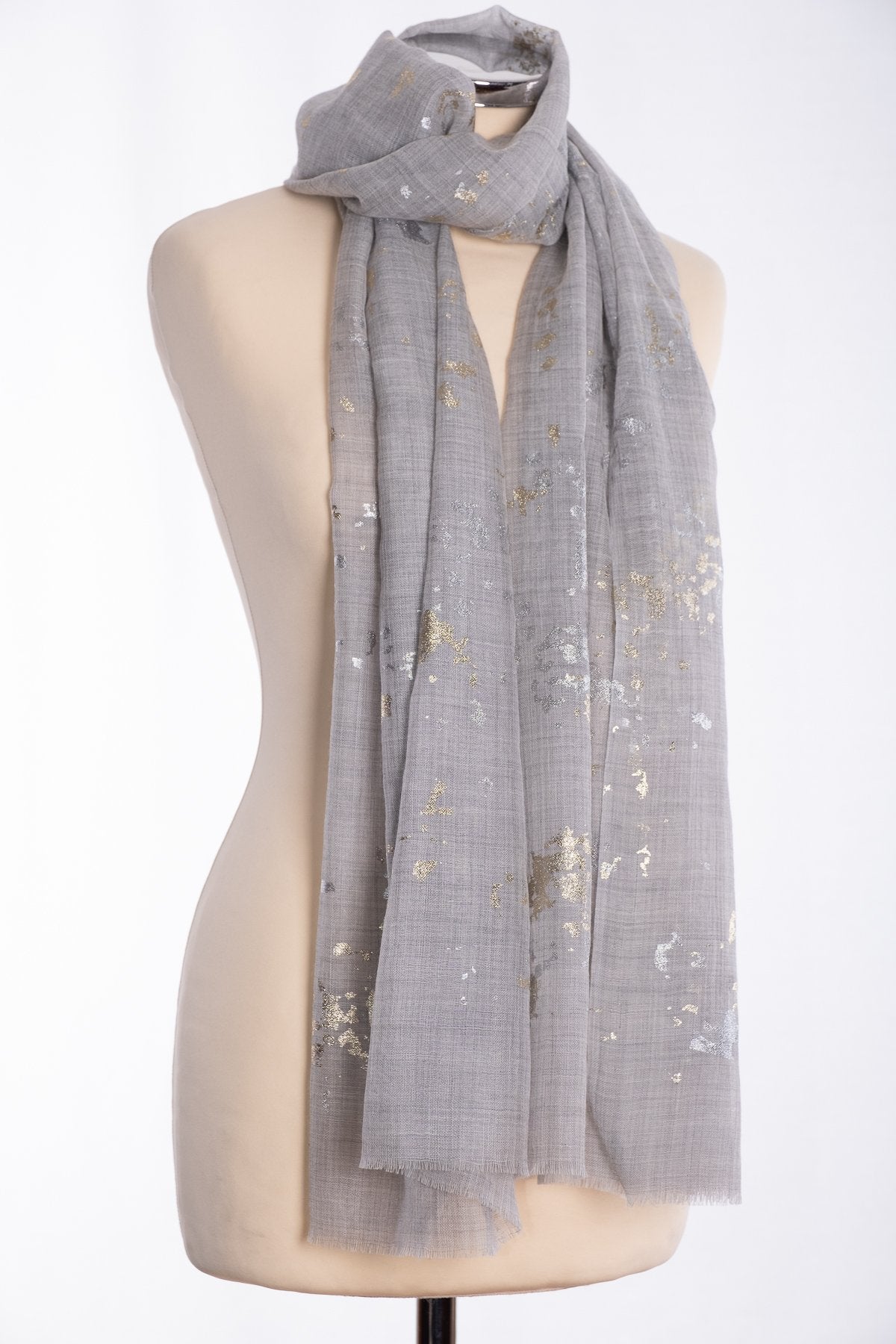 Ombre gold and silver foil scarf, grey, tied view