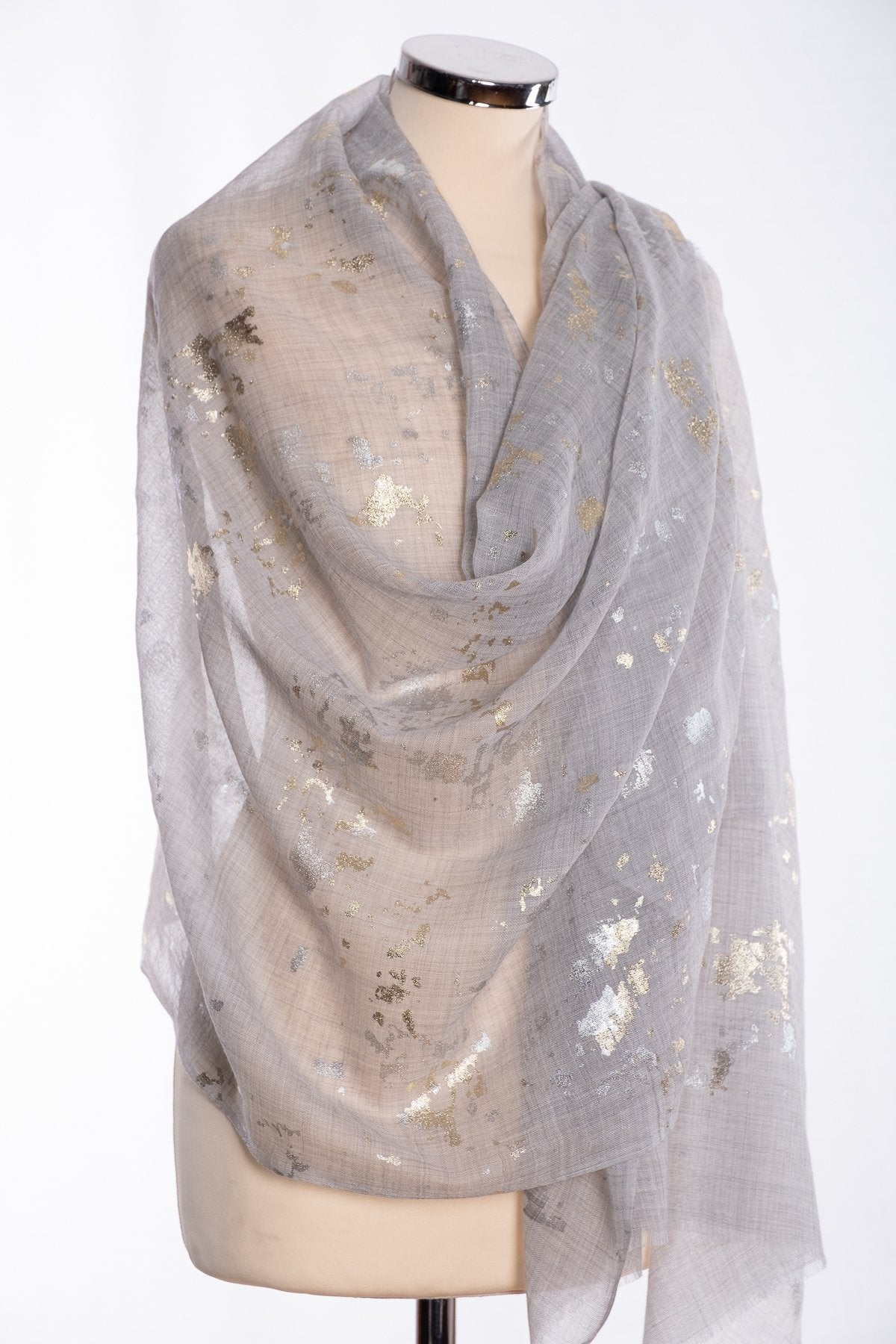 Ombre gold and silver foil scarf, grey, wrap view