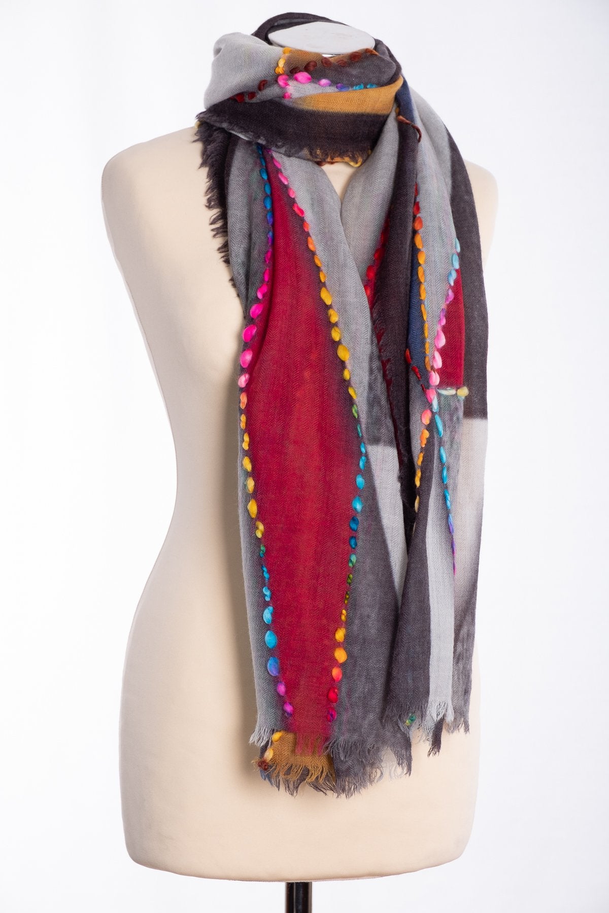 Ombre shaded triangle design scarf, grey, tied view