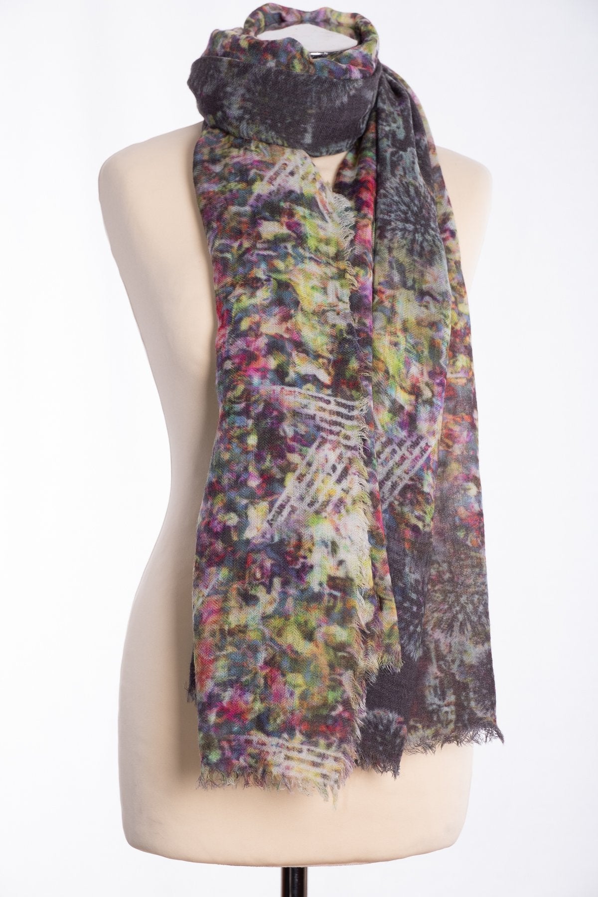 Ombre abstract dandylion scarf, grey, tied view