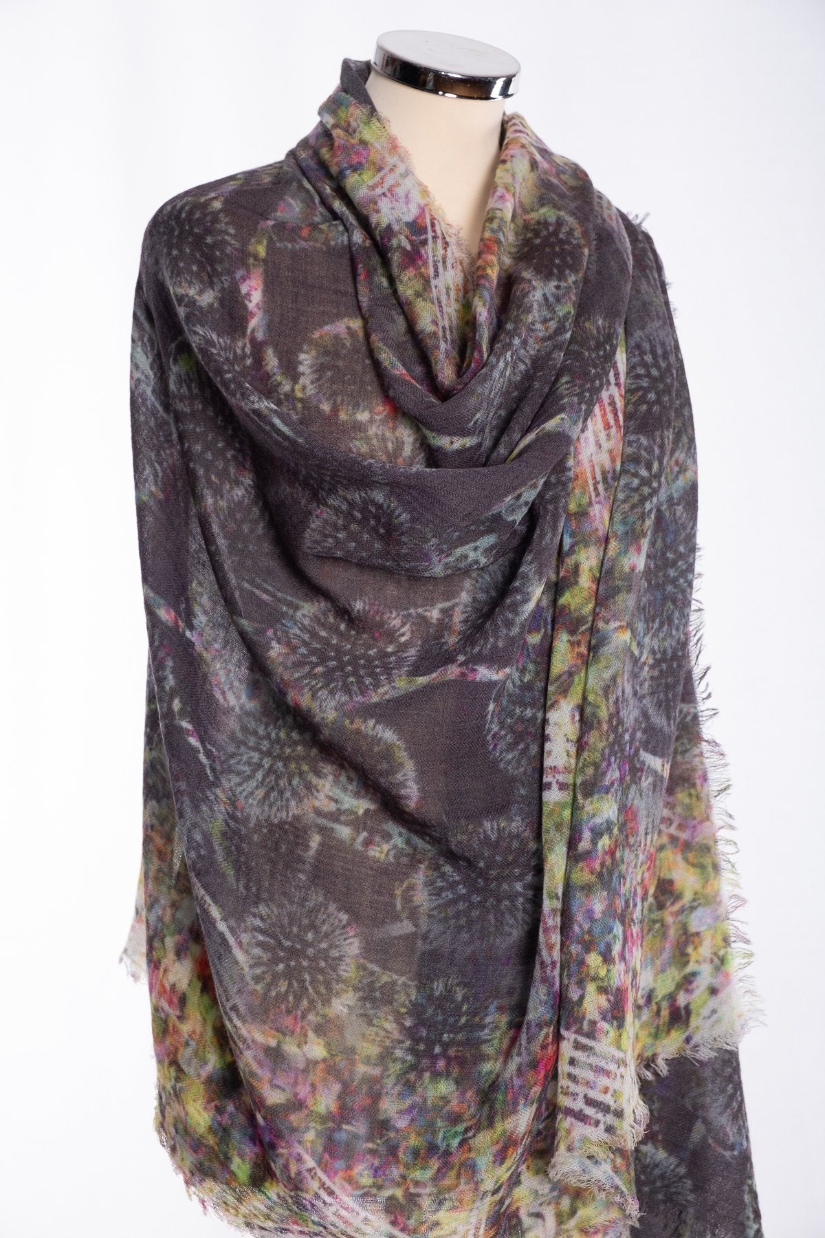 Ombre abstract dandylion scarf, grey, wrap view