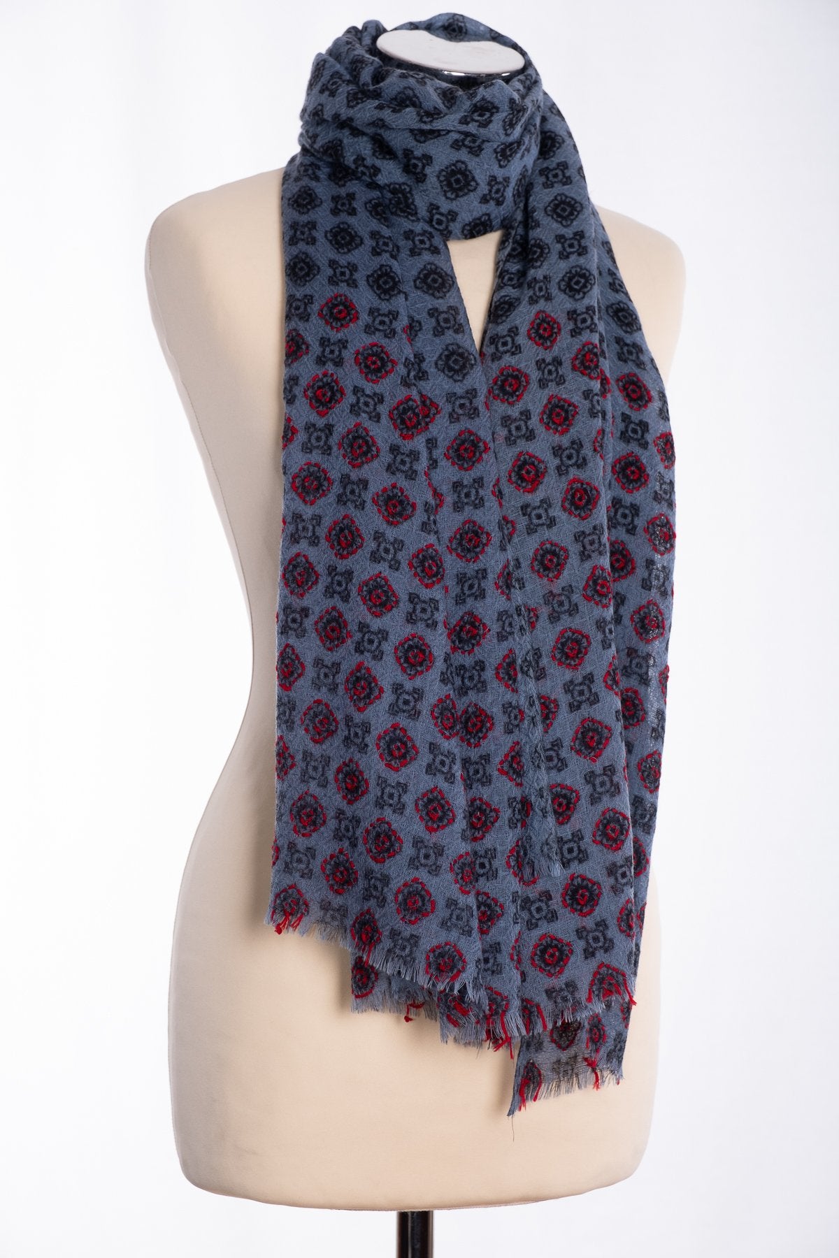 Ombre textured weave scarf, blue, tied view