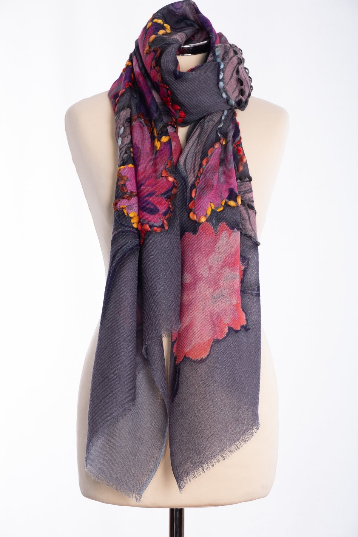 Ombre painted floral scarf, grey, tied view