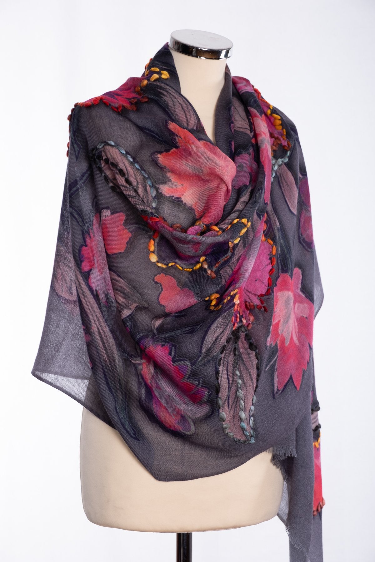 Ombre painted floral scarf, grey, wrap view