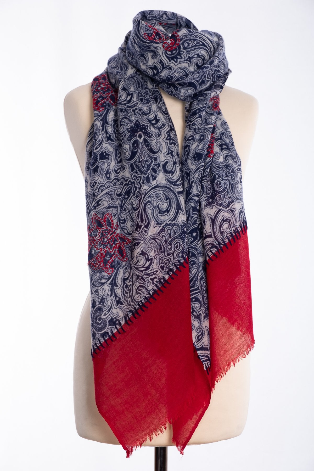 Ombre paisley design scarf, navy, tied view