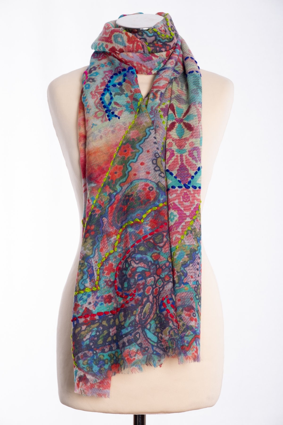 Ombre tapestry design scarf, multi colour, tied view