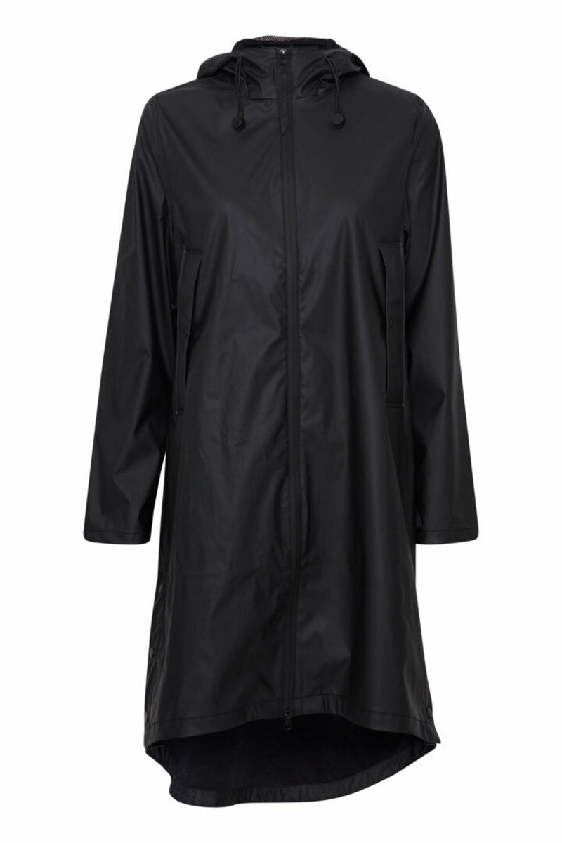 Avan flat front long raincoat, black