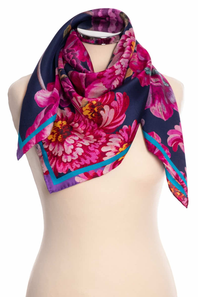 Baroque floral silk scarf, navy