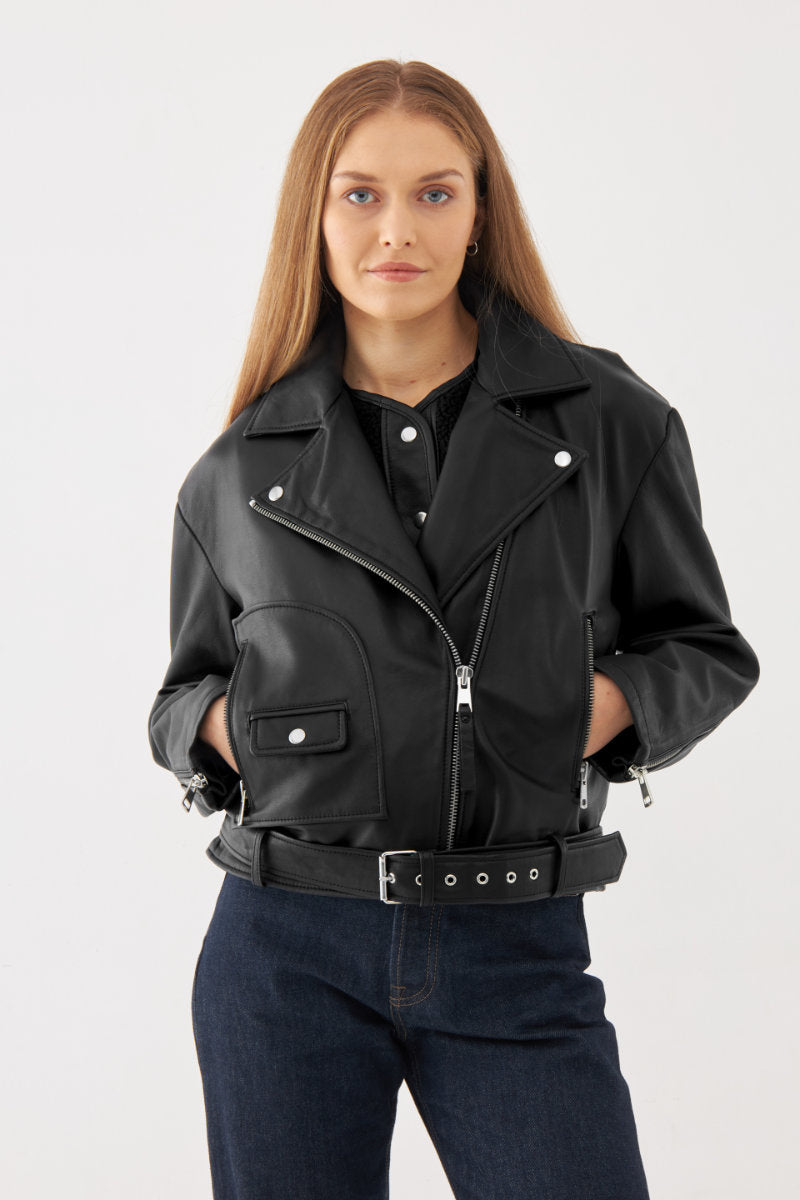 Biker leather jacket, black