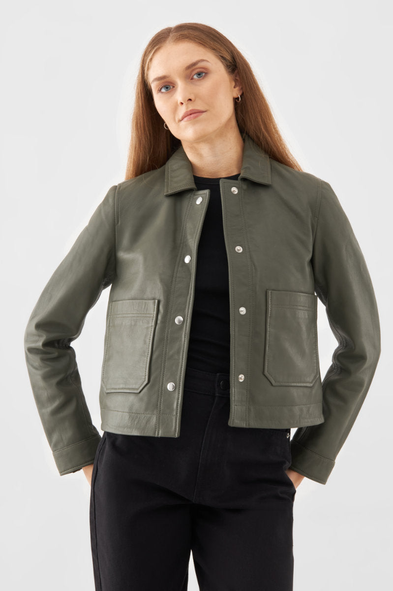 Worker leather jacket, green