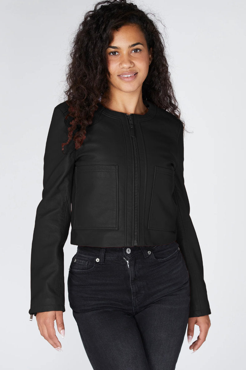 Round neck leather jacket, black