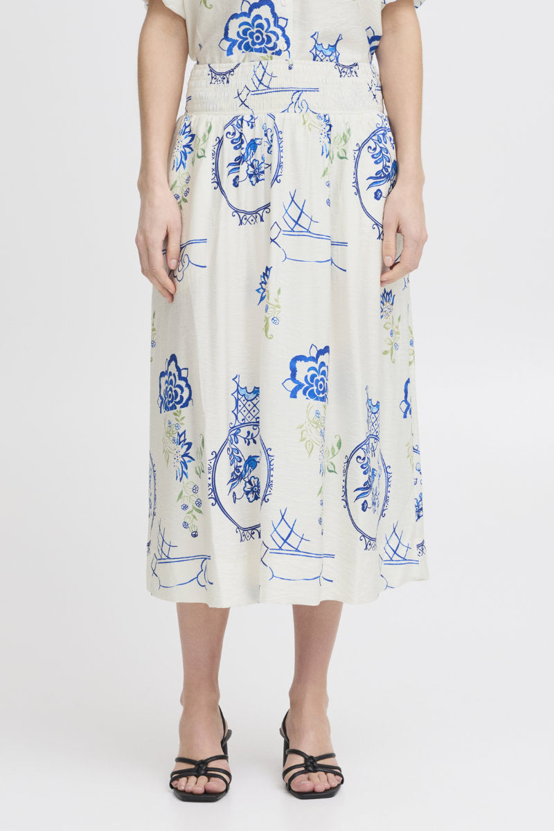 Lucie tile print skirt, ivory/blue