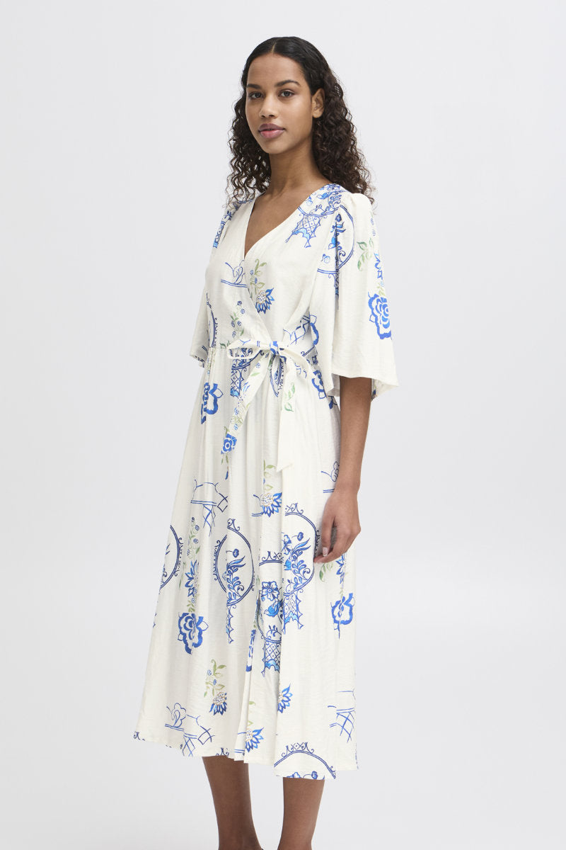 Lucie tile print dress, ivory/blue