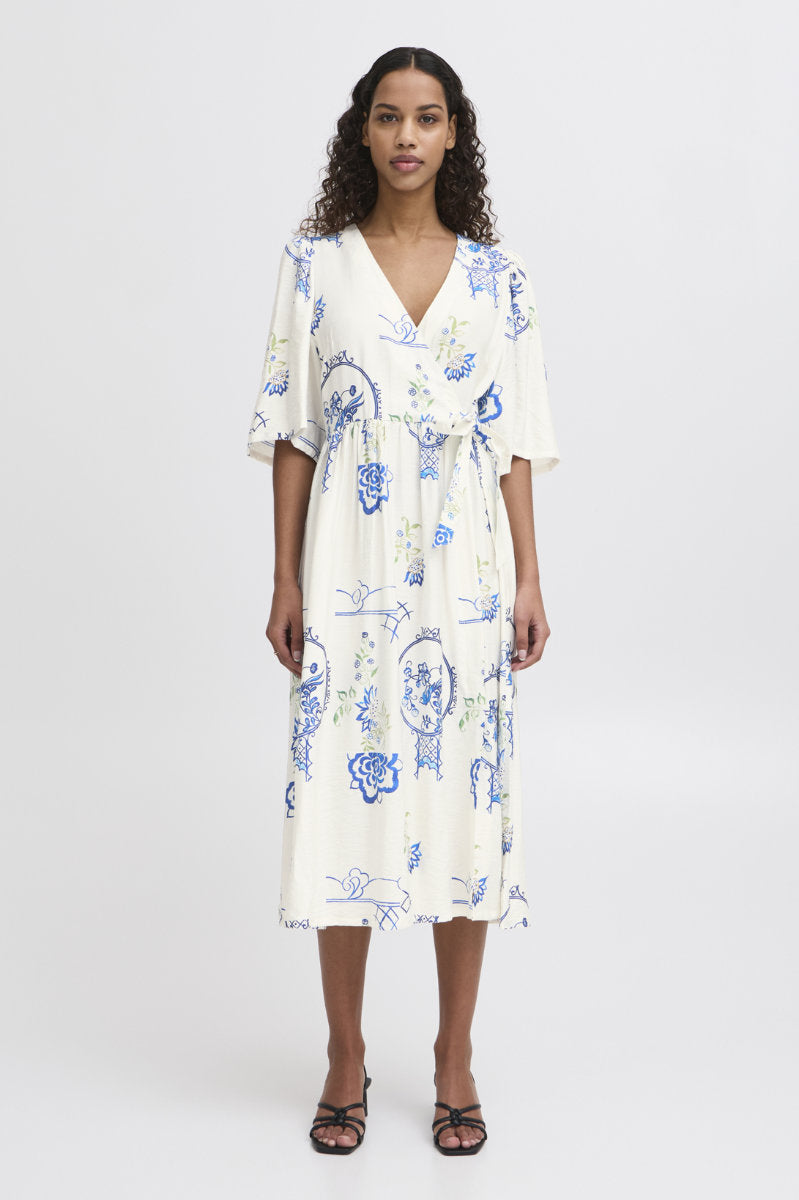 Lucie tile print dress, ivory/blue