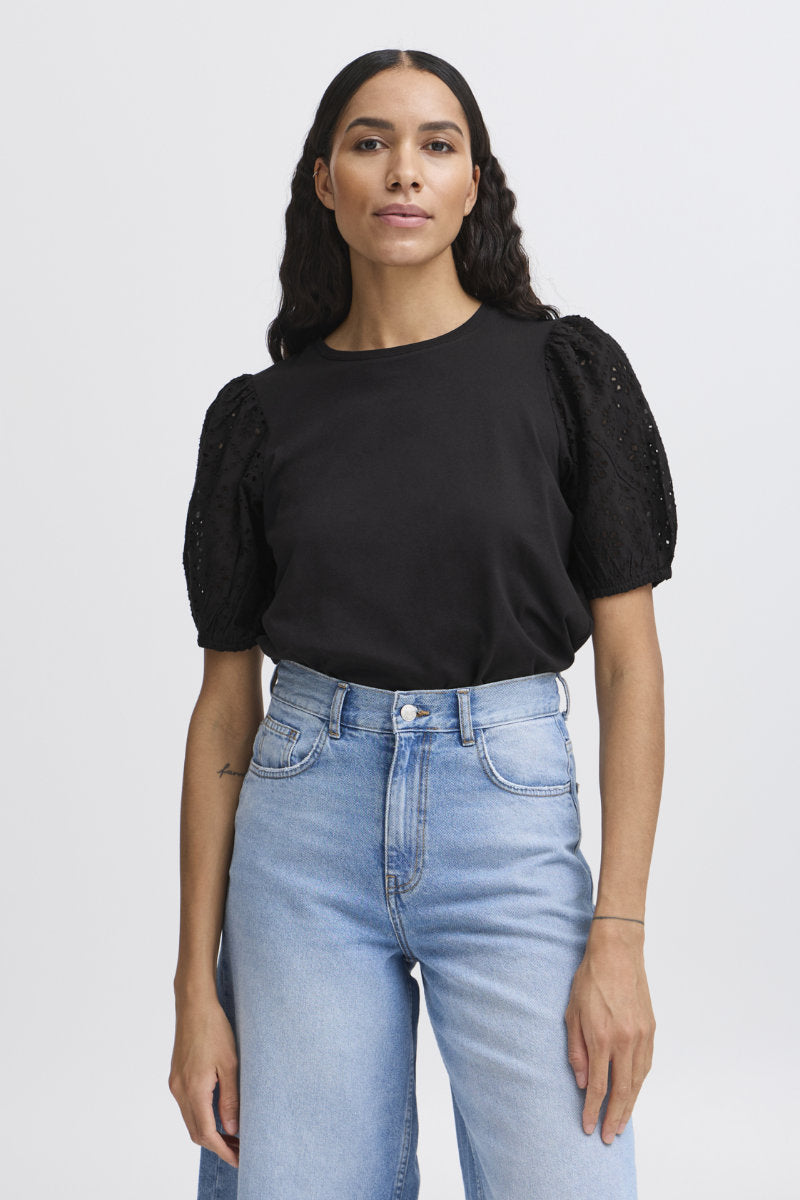 Puff sleeve T shirt, black