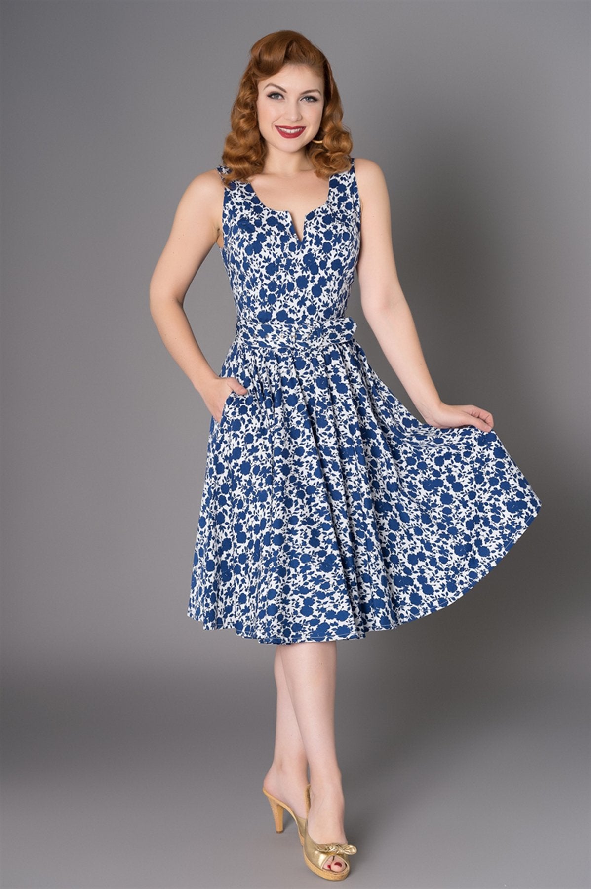 Sheen Mina sleeveless floral dress, blue, front view