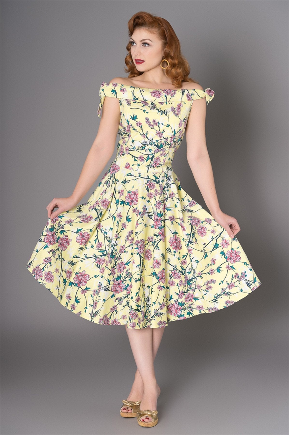 Sheen Zenith boat-neck dress, blossom print, pale yellow, front view