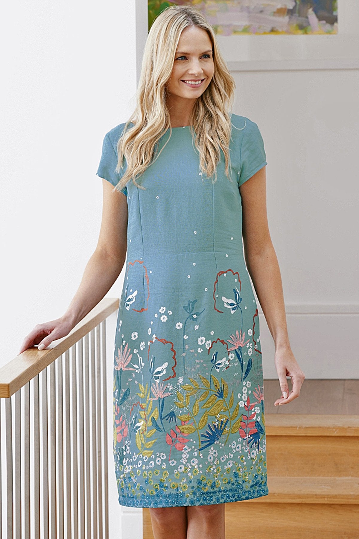 Lily and Me border print dress, teal, front view