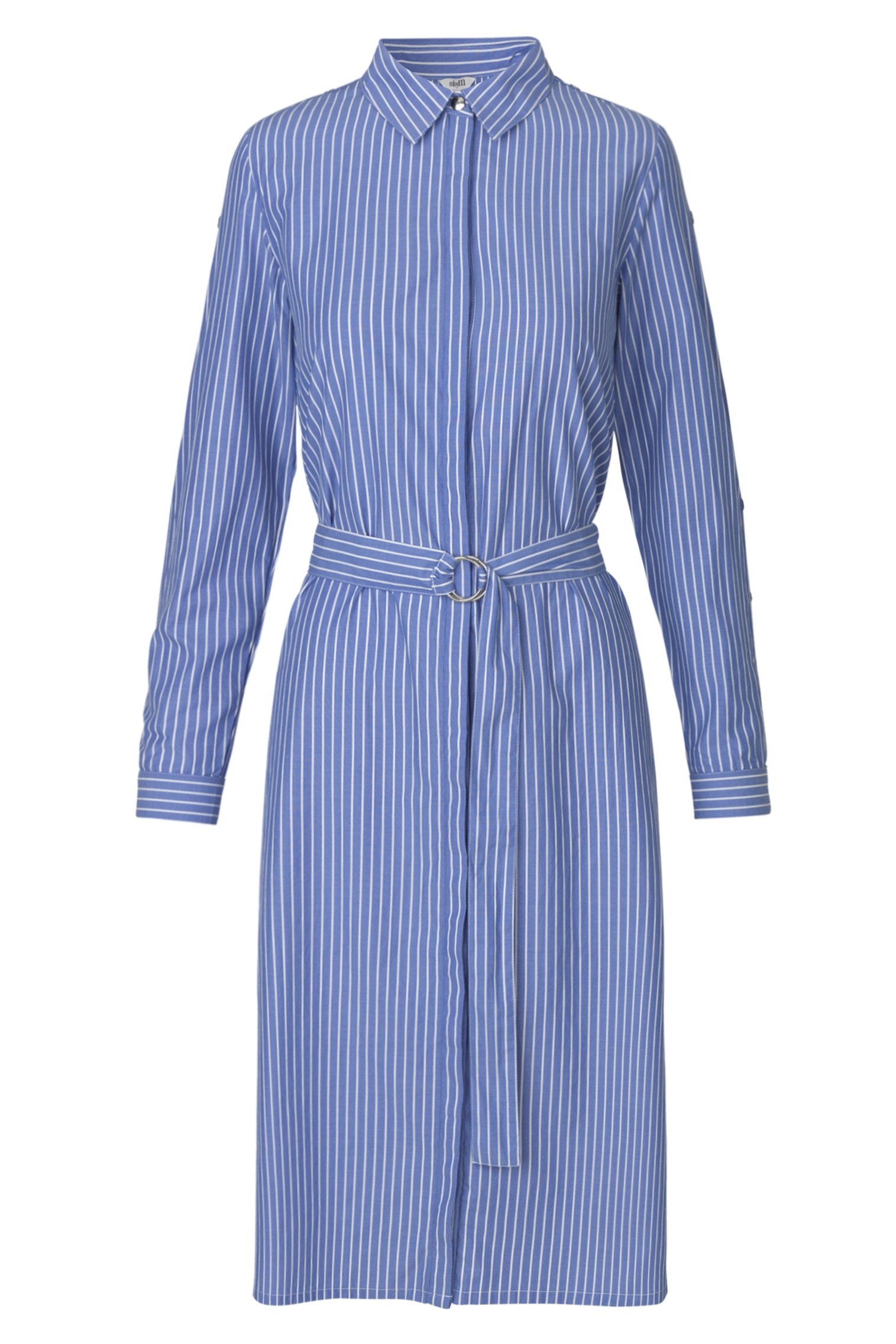 mbyM Peige belted shirt dress, blue and white stripe, front view