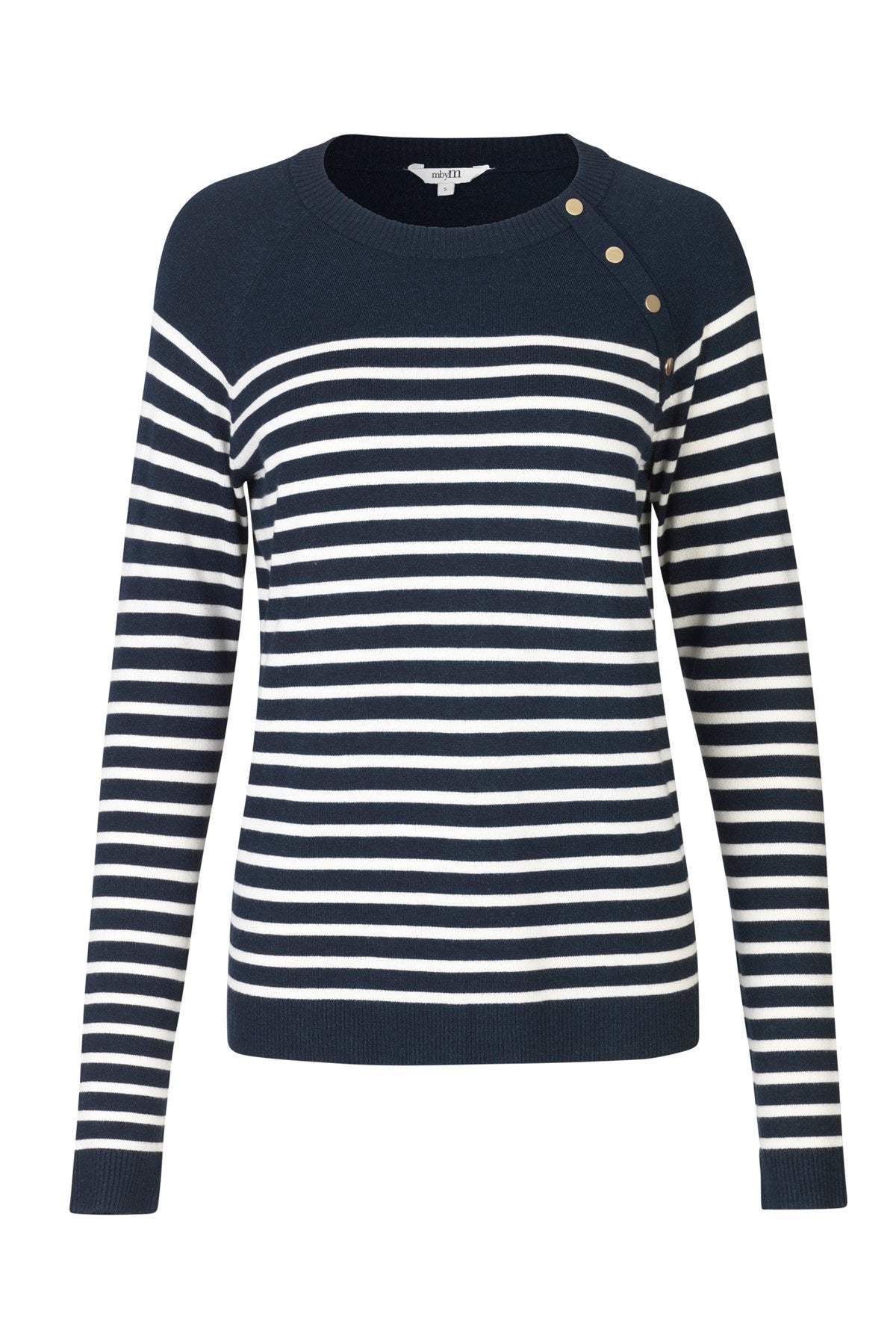 mbyM Zoja Breton style jumper, navy and white, front view