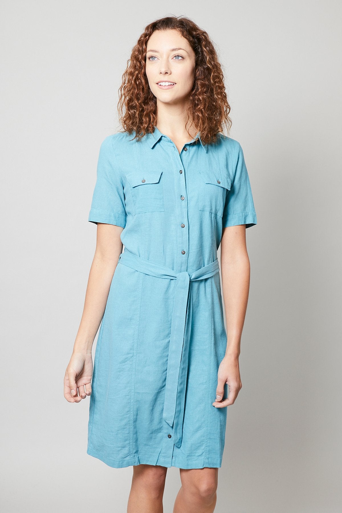 Lily and Me shirt dress, light teal, front view