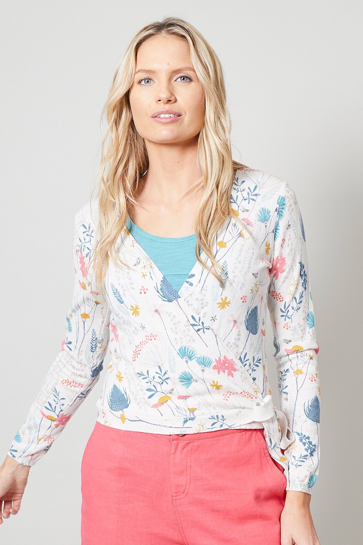 Lily and Me Floral Meadow cardigan, teal coral, front view