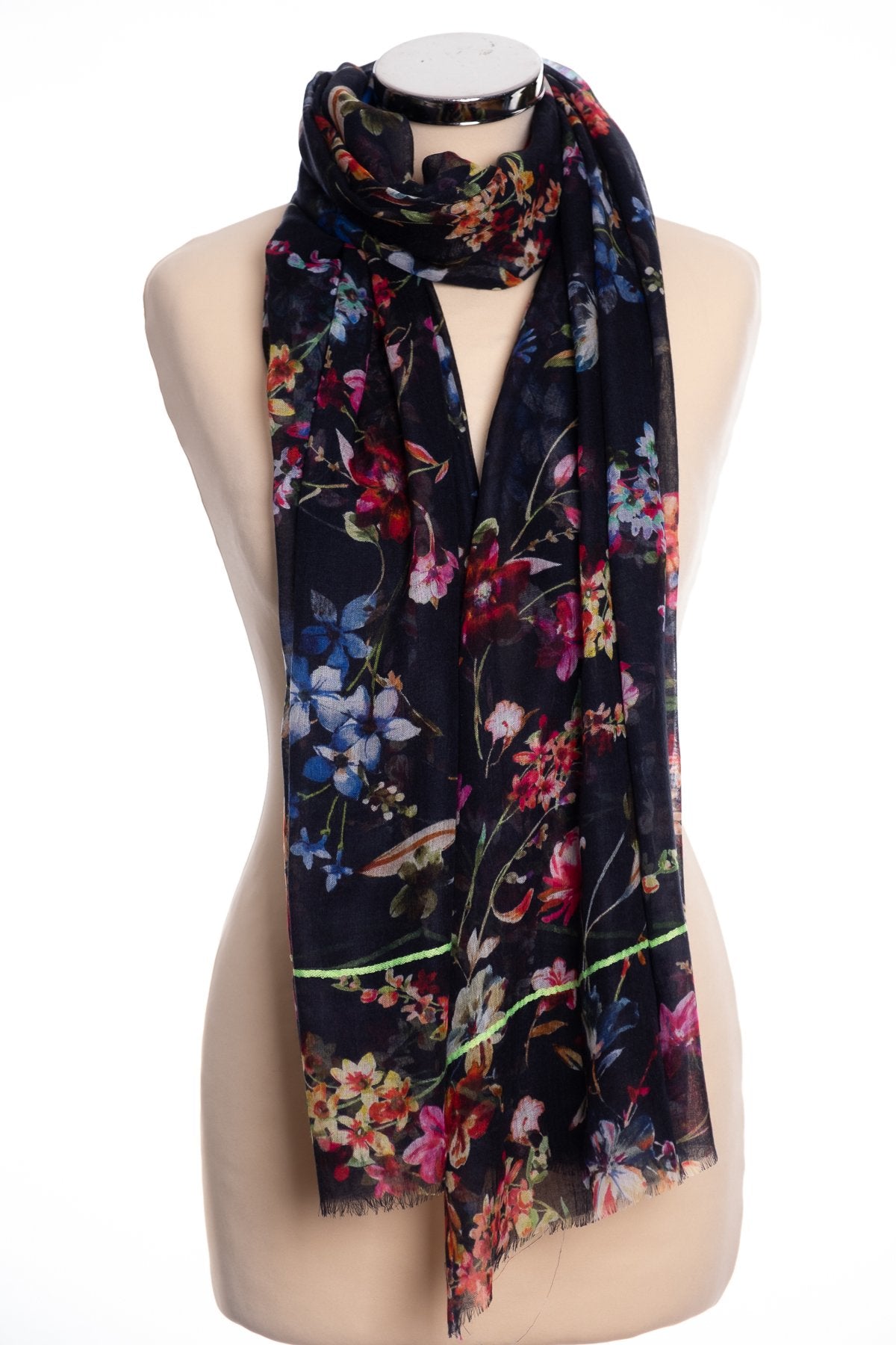 Kapre floral scarf, black, tied view
