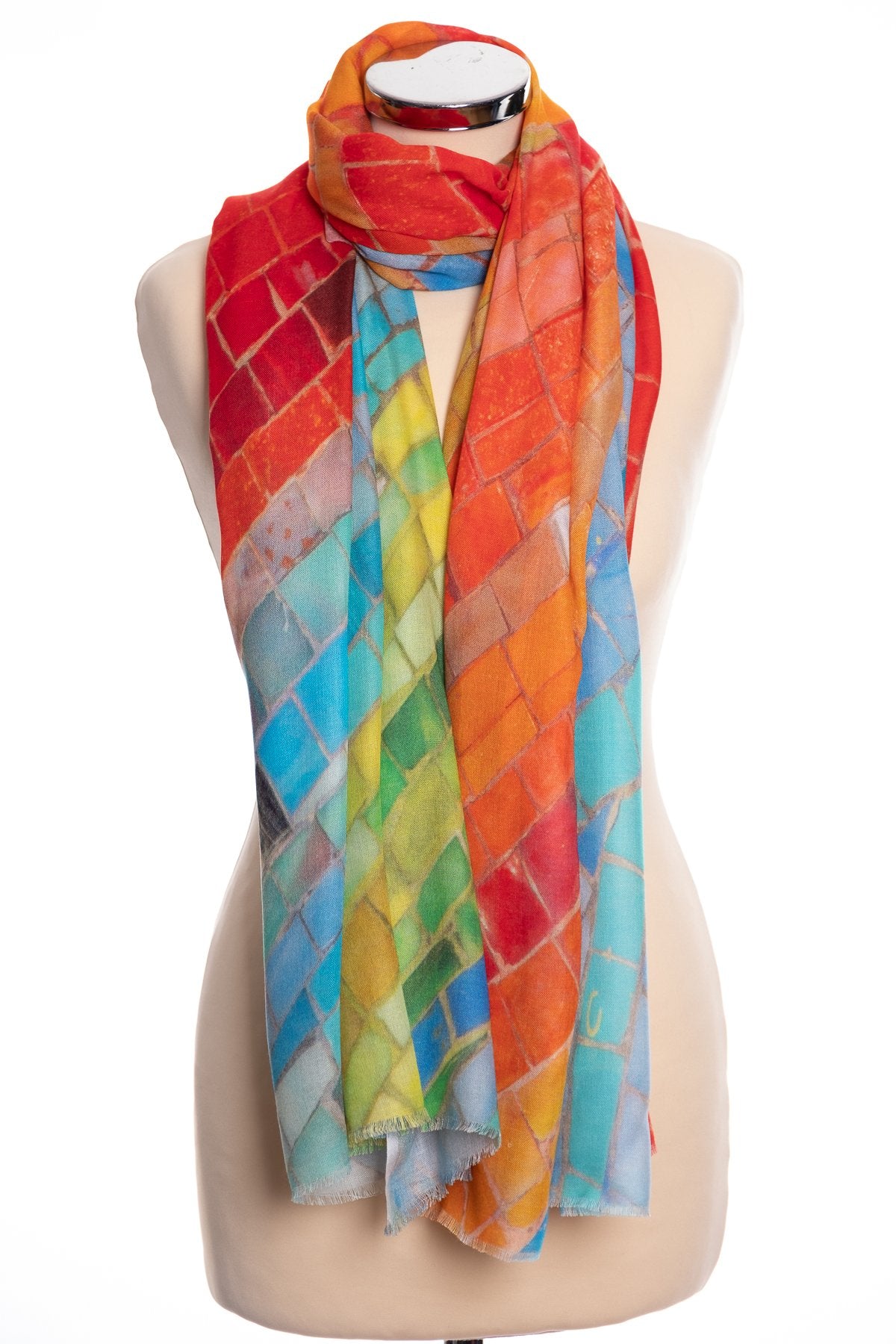 Kapre mosaic print scarf, multi colour, tied view