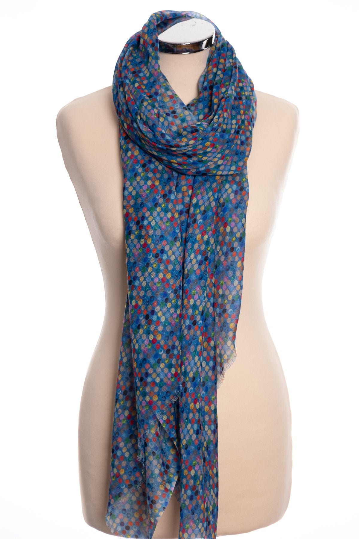 Kapre dot design scarf, blue, tied view
