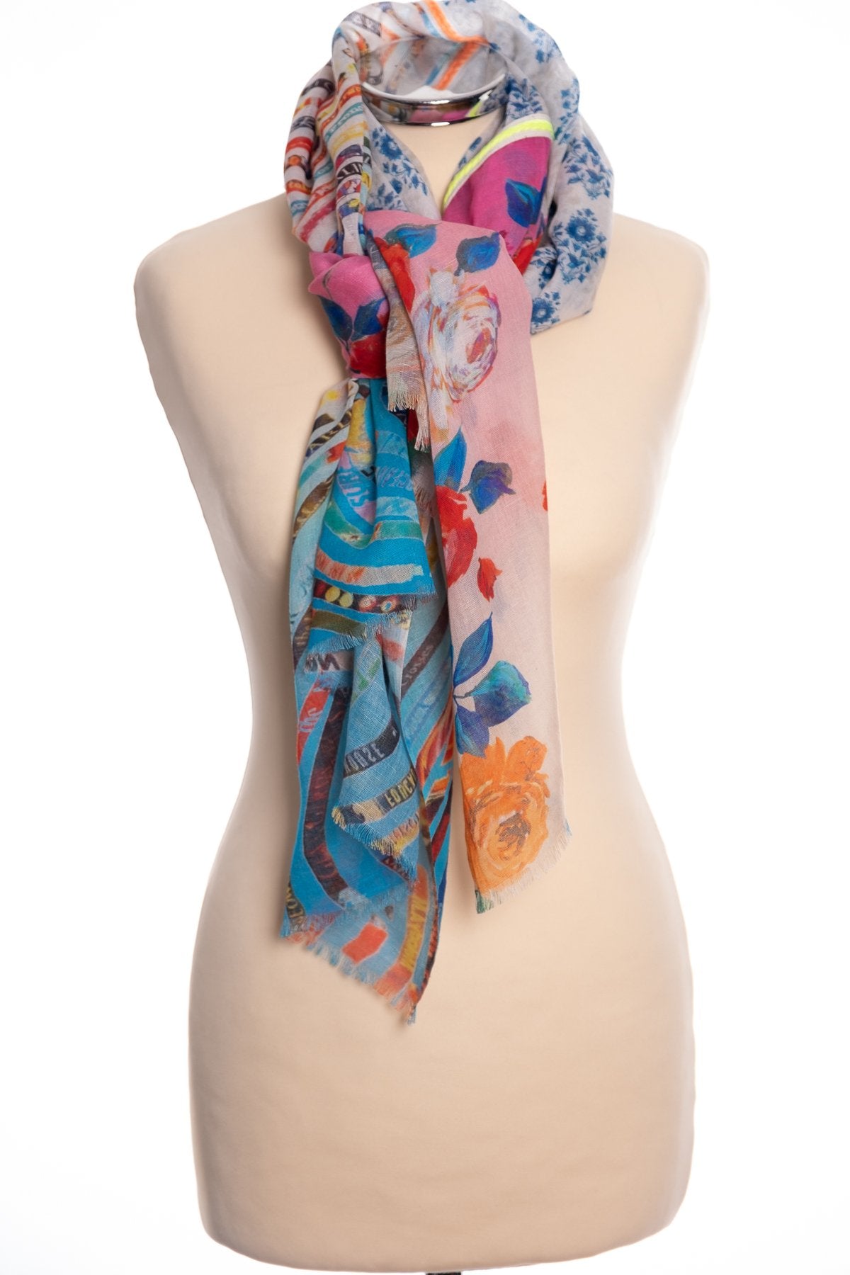 Kapre Boho style scarf, multi colour, tied view