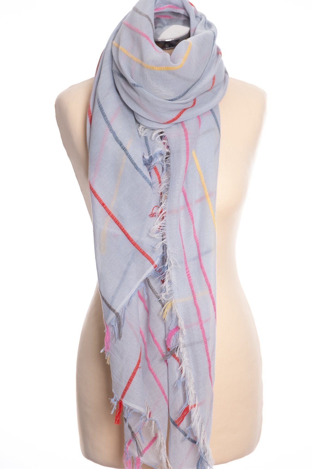 Ombre woven stripe scarf, blue, tied view
