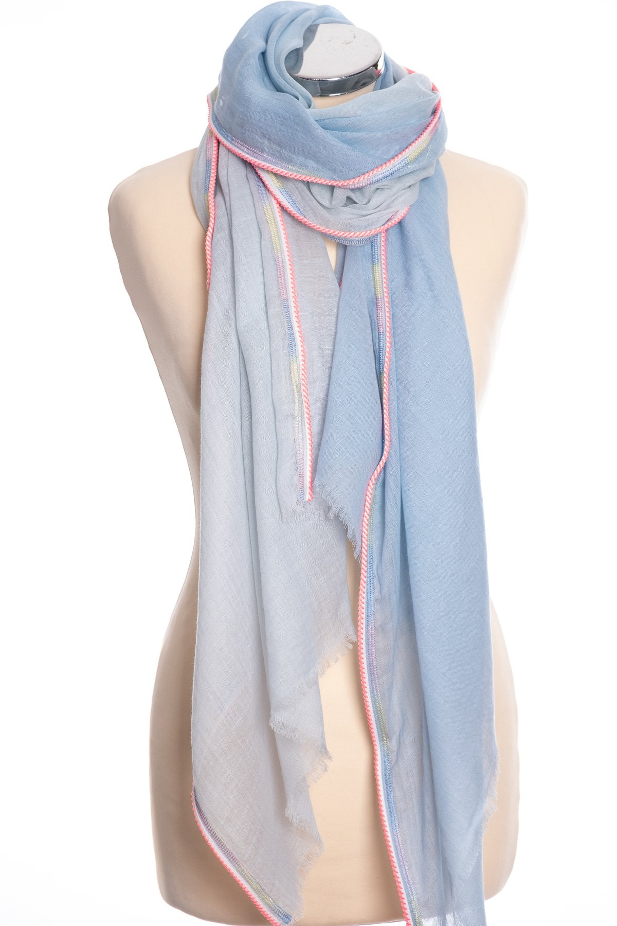 Ombre hand dyed scarf, blue, tied view