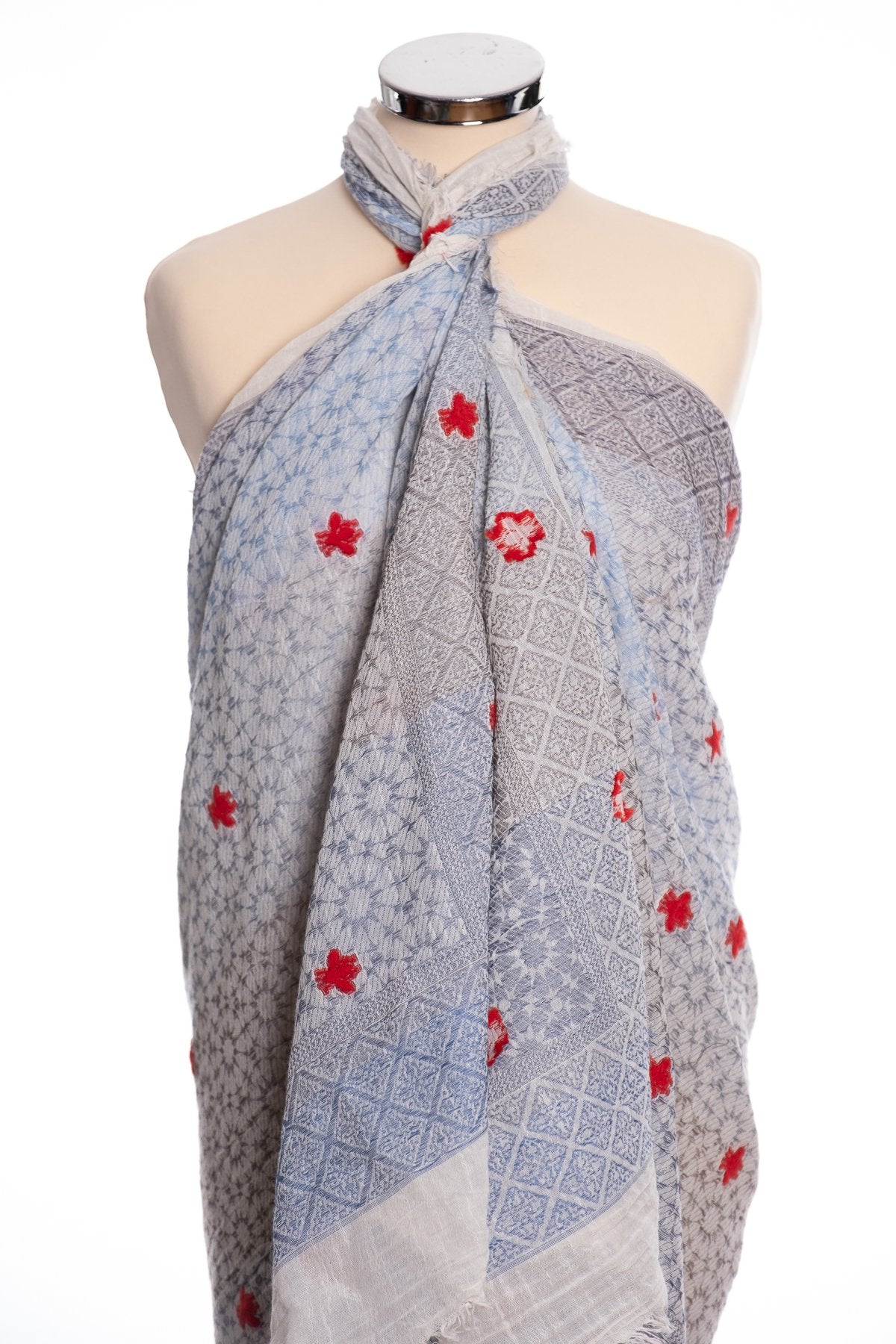 Ombre woven and embroidered scarf, blue, wrap view