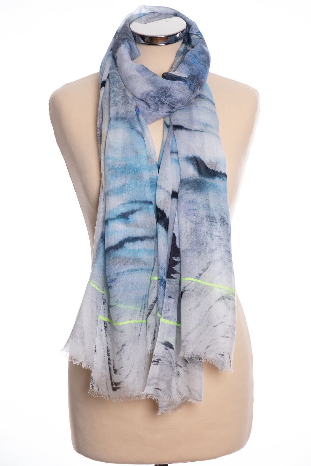 Ombre watery design scarf, blue, tied view