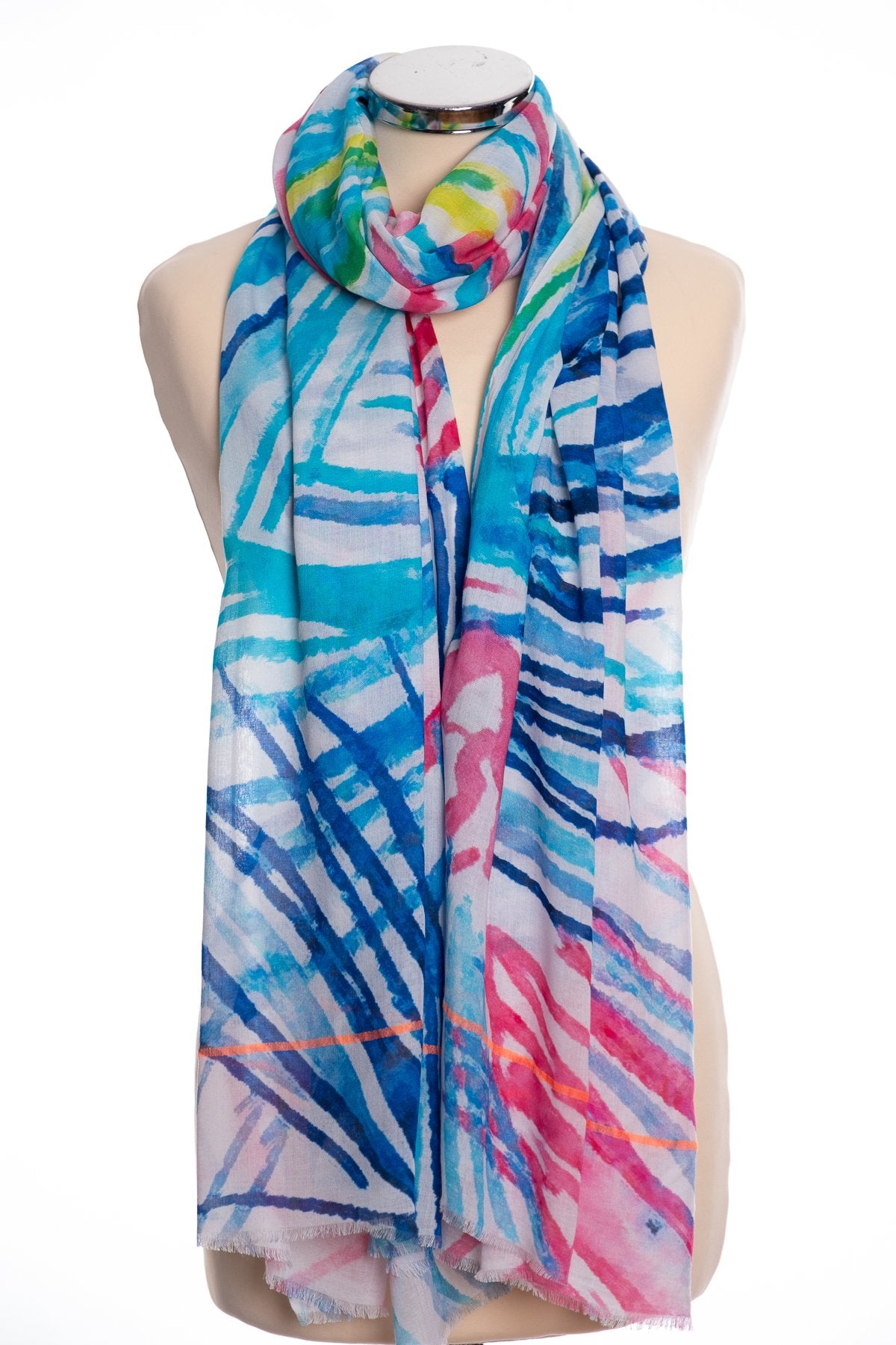 Ombre palm frond scarf, blue, tied view