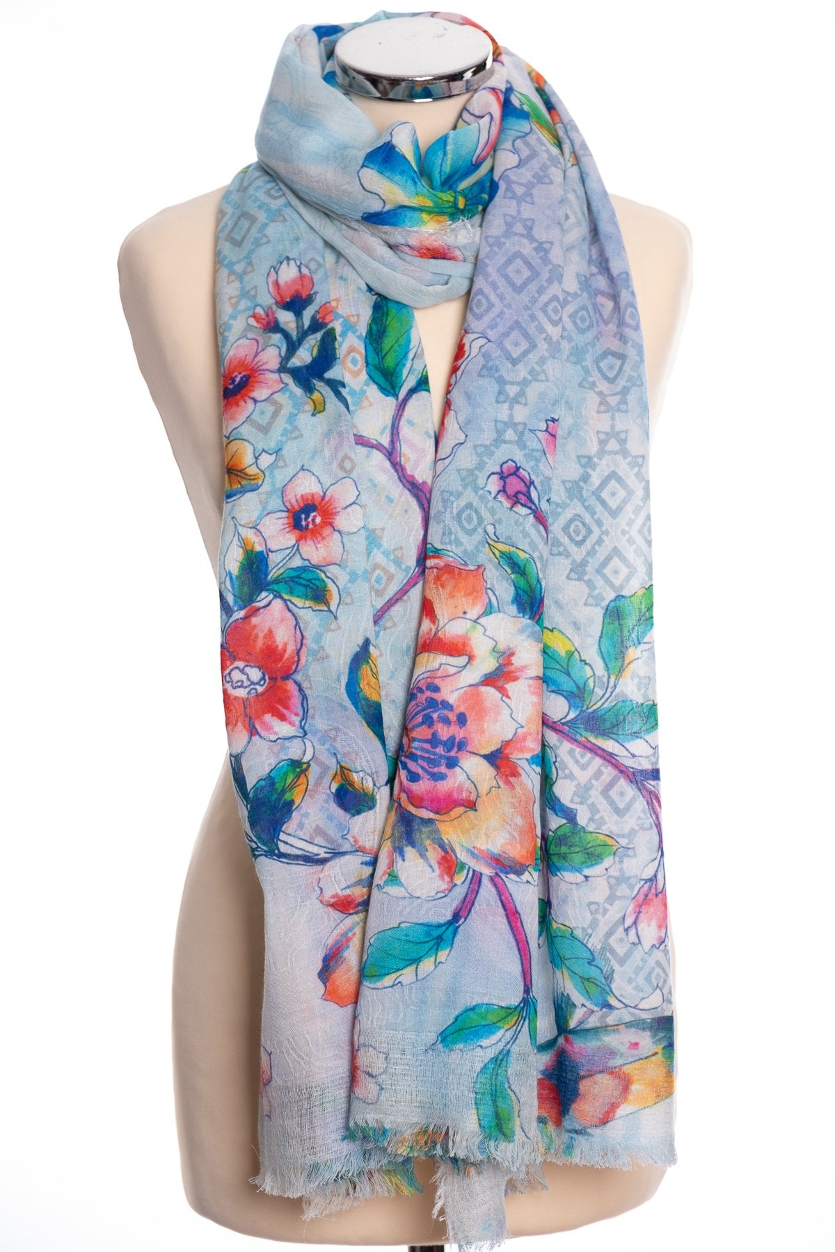 Ombre Koi fish scarf, blue, tied view