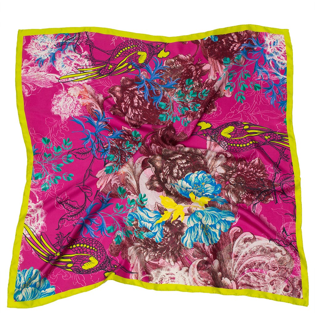 Botanical design silk scarf, fuschia