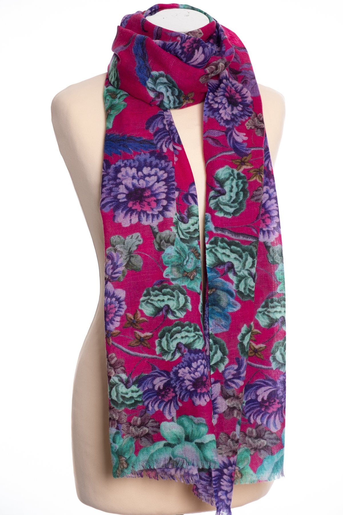 P. J. Studios Baroque floral scarf, fuschia, tied view