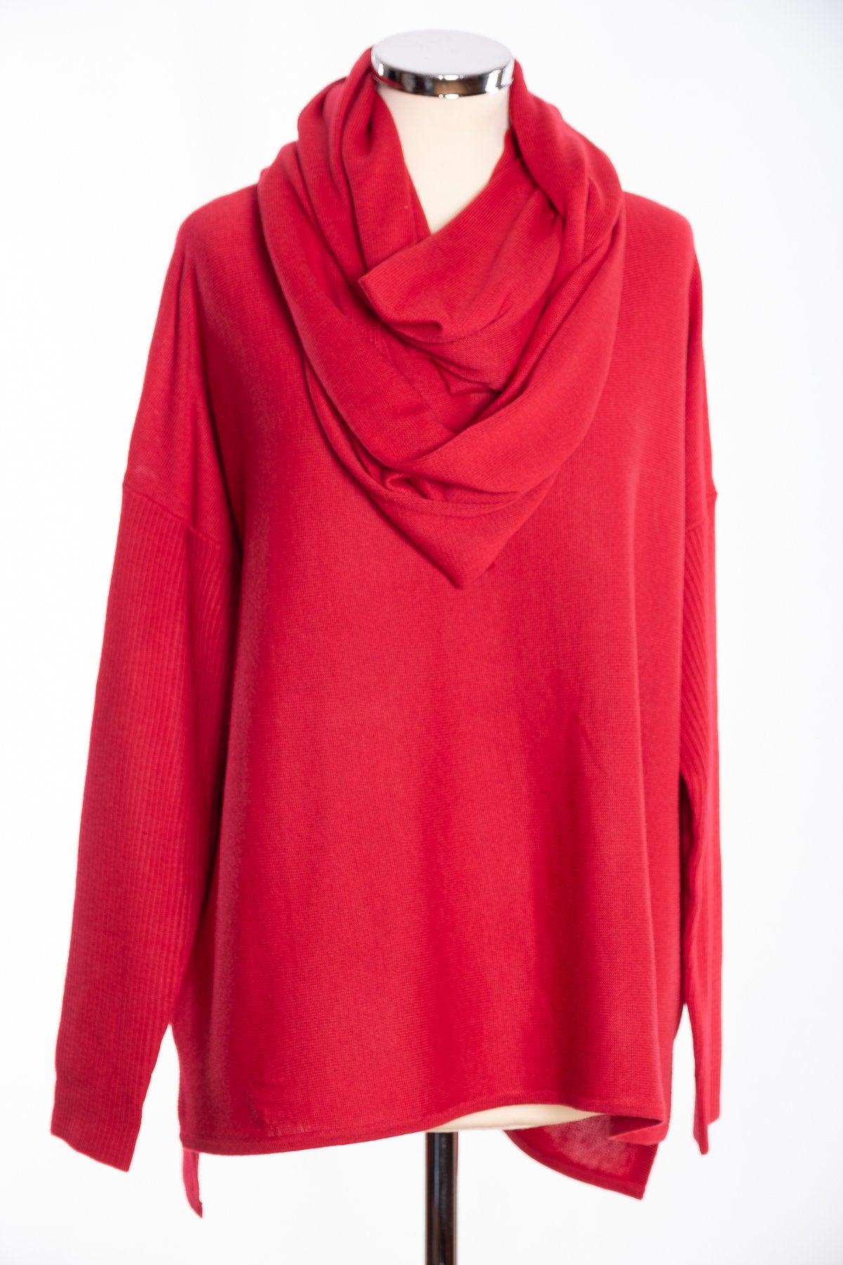 Ginger Toby bow backed jumper, cherry, view with snood