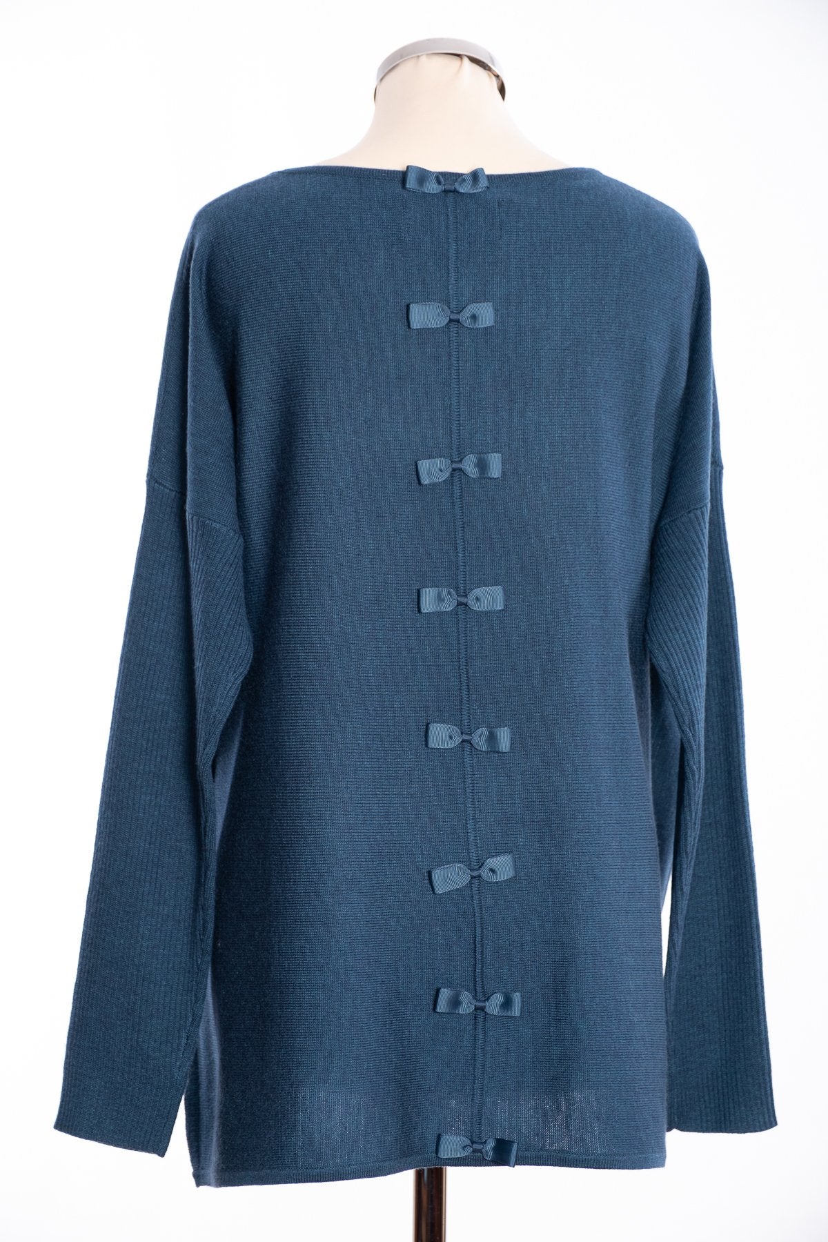 Ginger Toby bow backed jumper, slate green, rear view