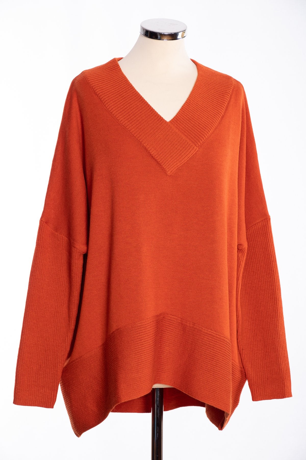 Joss ribbed V Jumper, burnt orange, front view