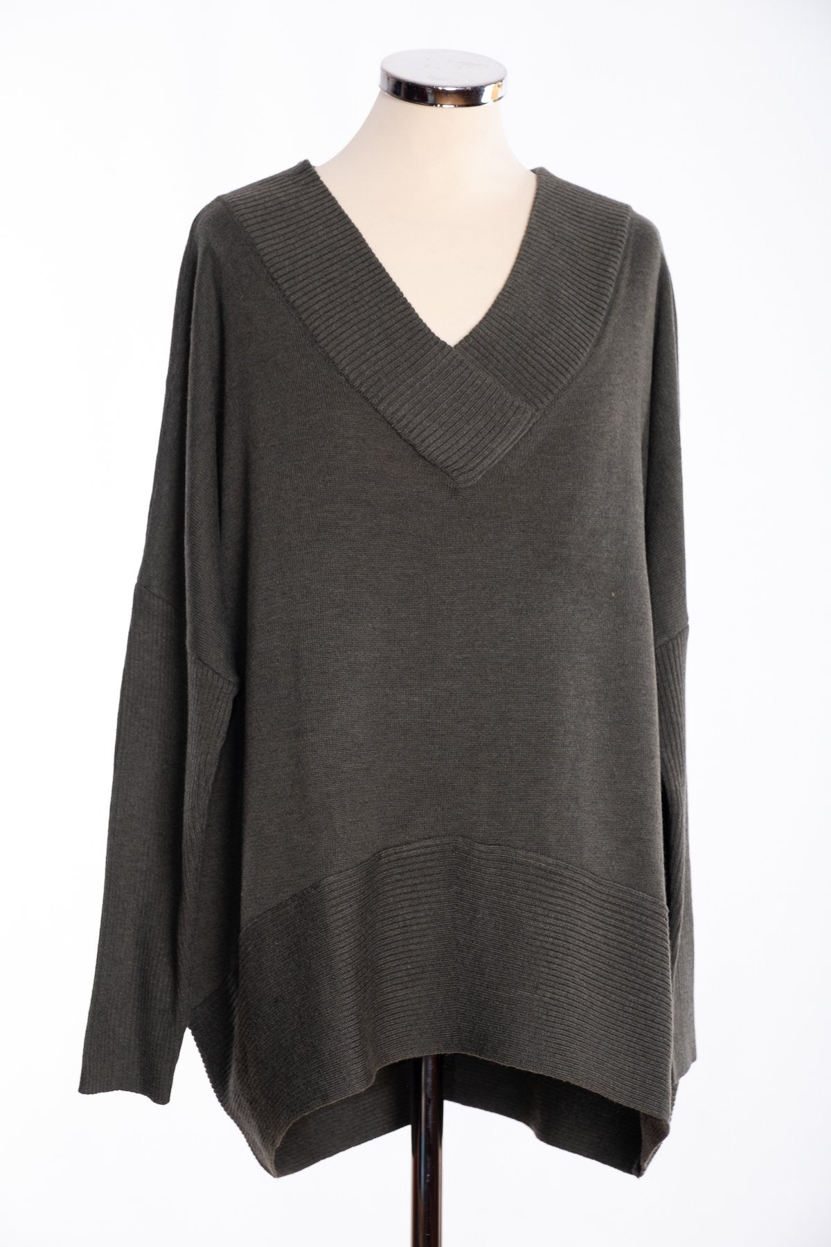 Joss ribbed V Jumper, khaki, front view