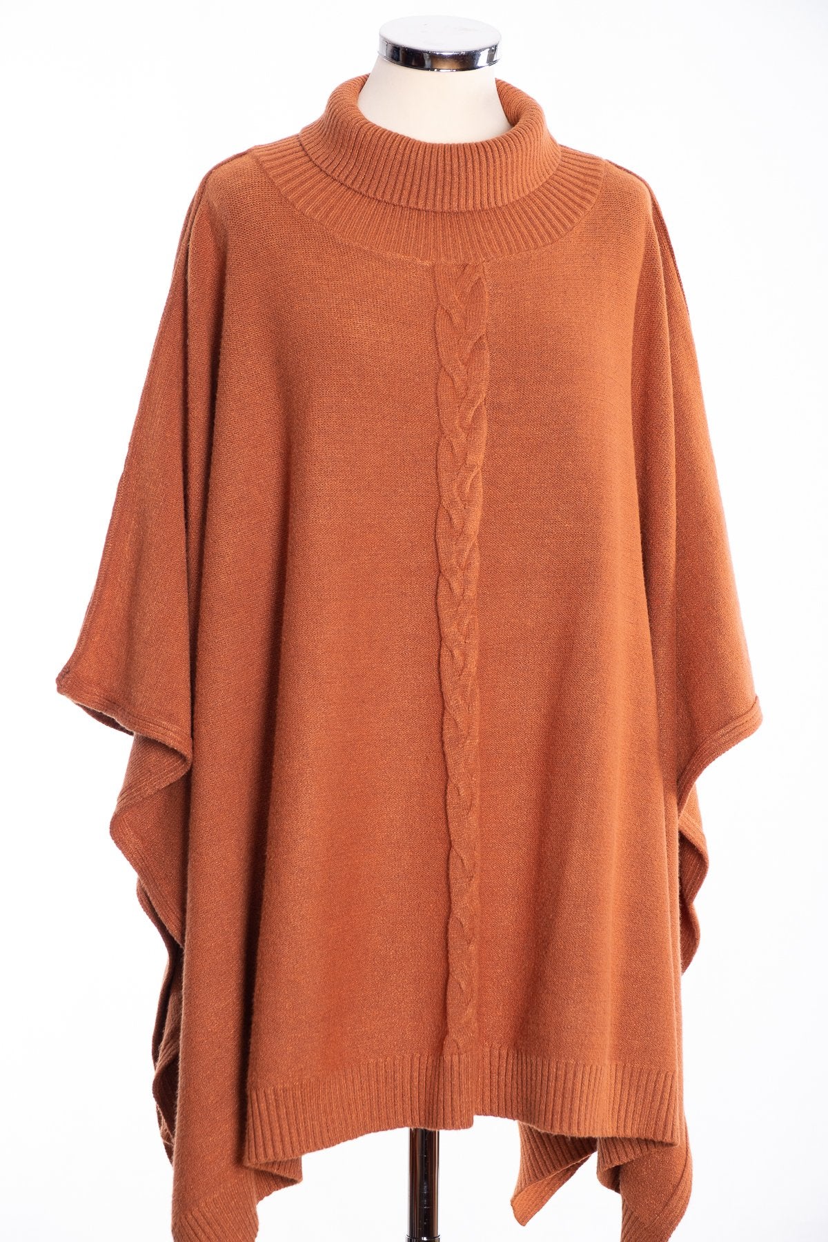 Joss cable knit poncho, toffee, front view