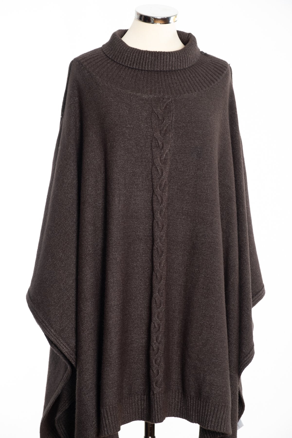 Joss cable knit poncho, khaki, front view