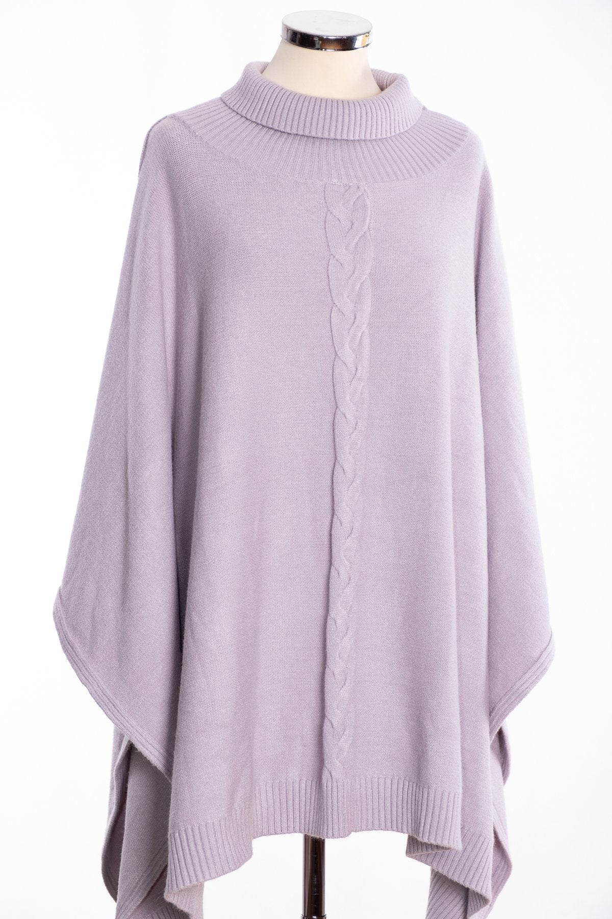 Joss cable knit poncho, silver, front view