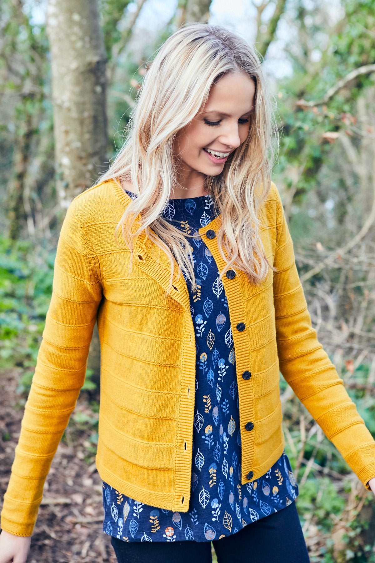Lily and Me Gabrielle cardigan, mustard, model view