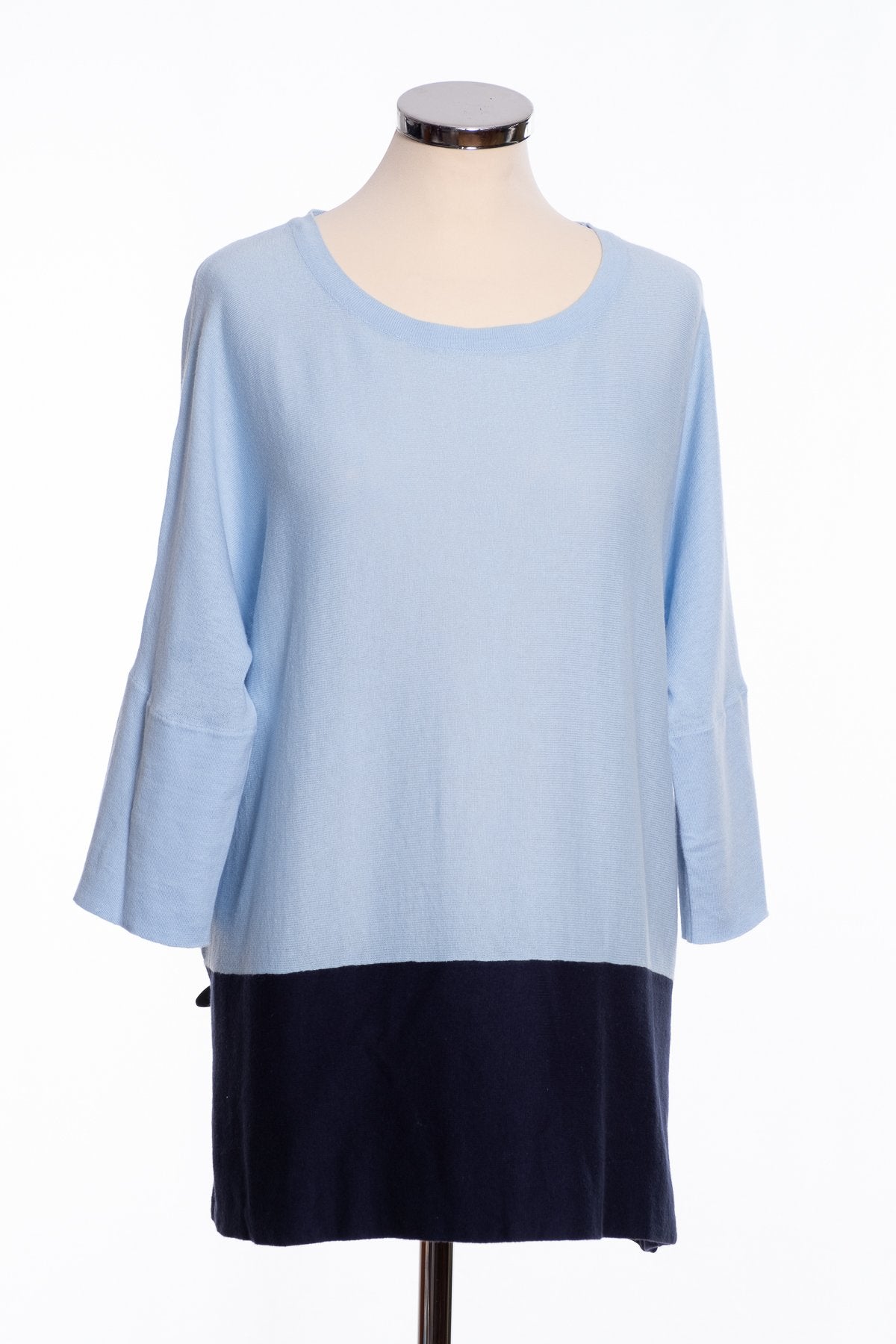 Ginger Toby Joss long line cardigan, pale blue, with jumper