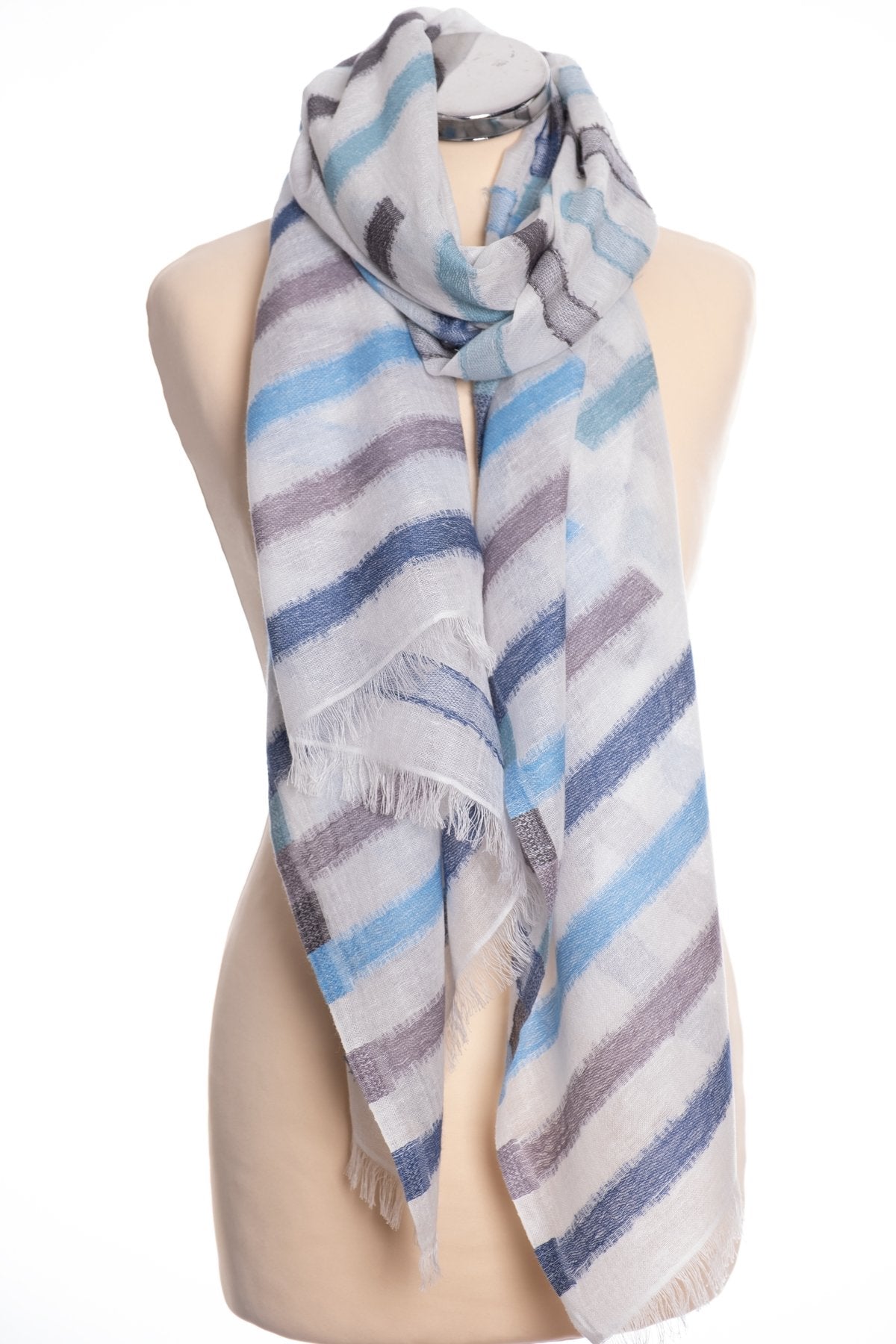 Kapre broken stripe scarf, blue and grey, tied view