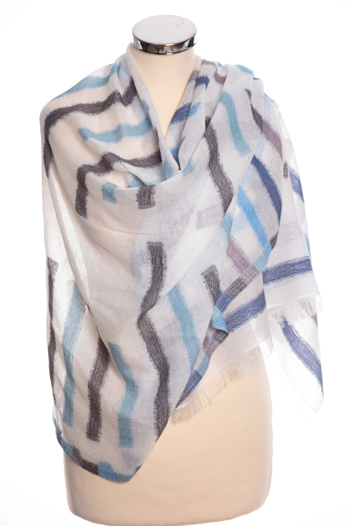Kapre broken stripe scarf, blue and grey, wrap view
