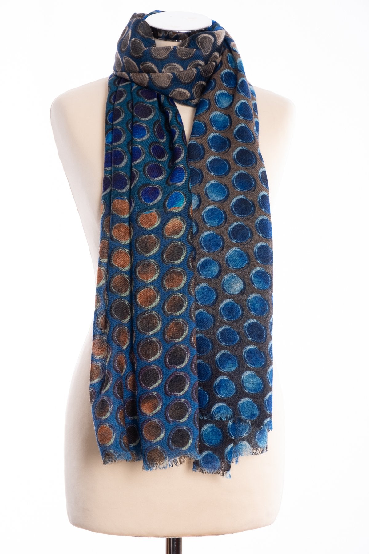 Kapre painted dots scarf, blue, tied view